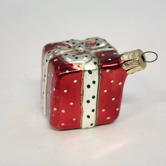 Czech Glass Christmas Present Gift Box Ornament Red Hand Painted 1.75" Vintage
