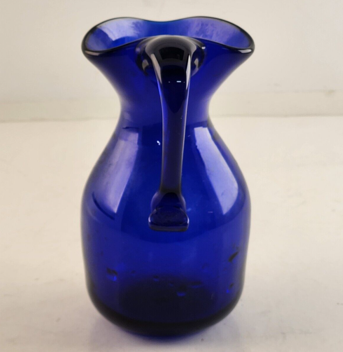 Cobalt Blue Glass Pitcher Heart Shaped Trimmed Rim Handle Vintage Unbranded