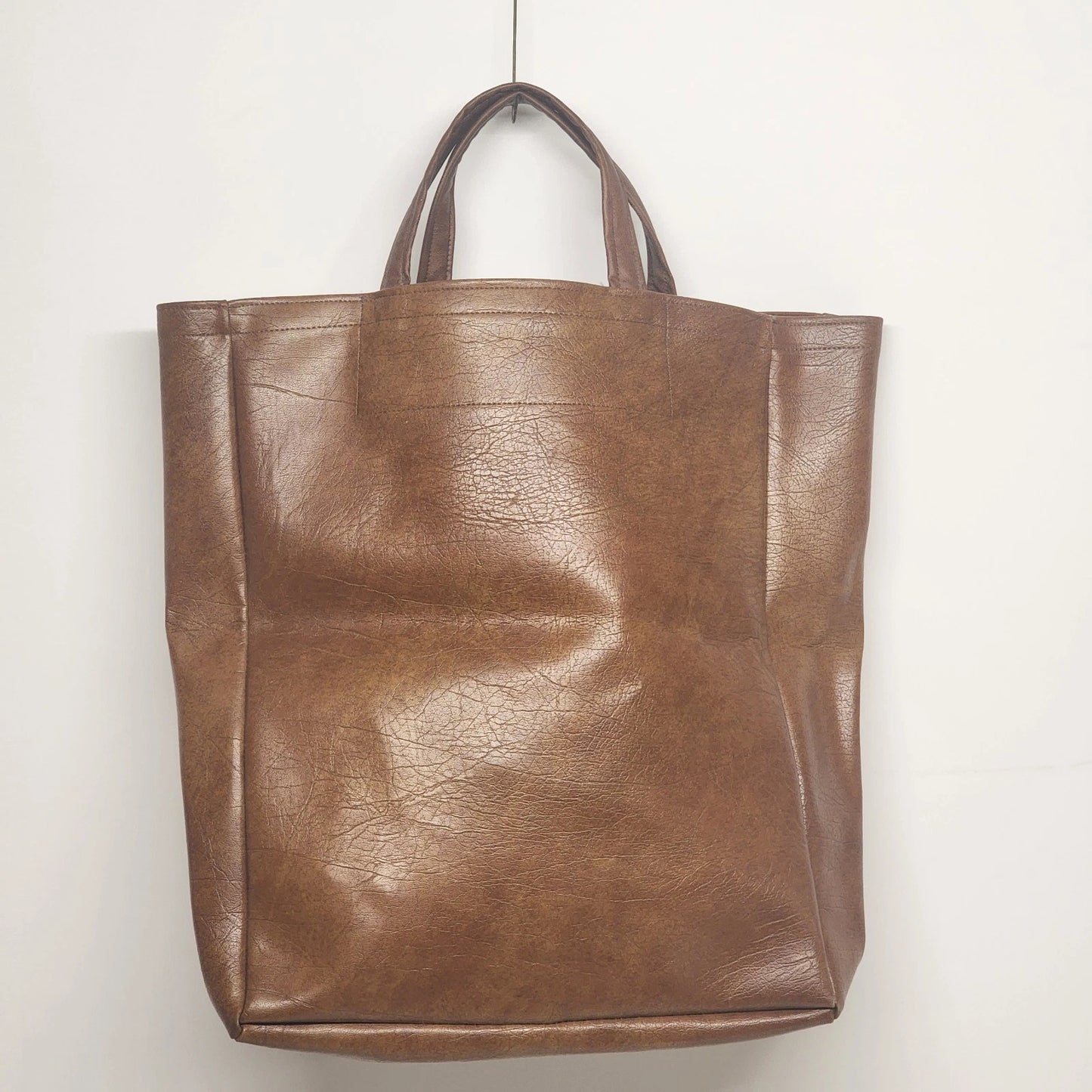 Brown Faux Leather Women's Tote Bag Large Shopper Korean Style Minimalist 16"h