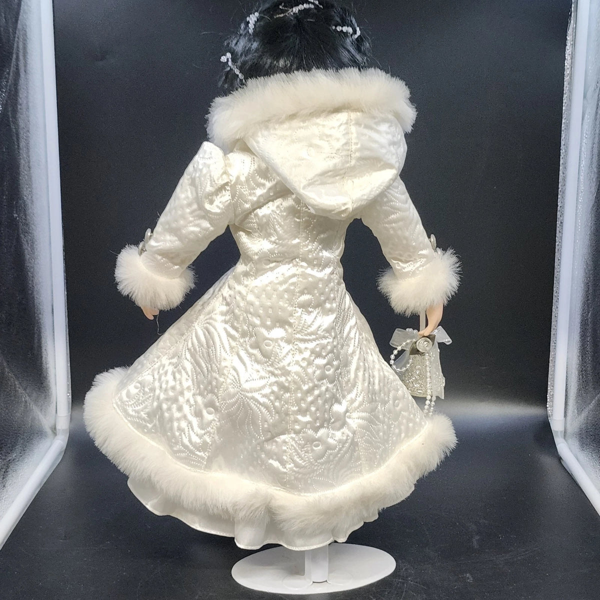 Porcelain Victorian Woman Ice Skater Doll White Faux Fur Gown Purse 21" Vintage