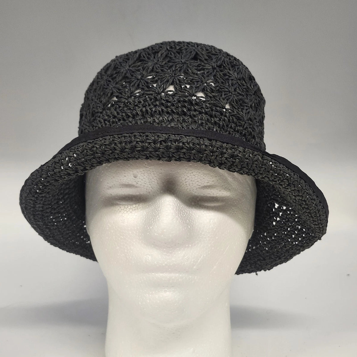 Signature Studio Women's Black Straw Hat Open Weave Floral Crochet Brim OSFM