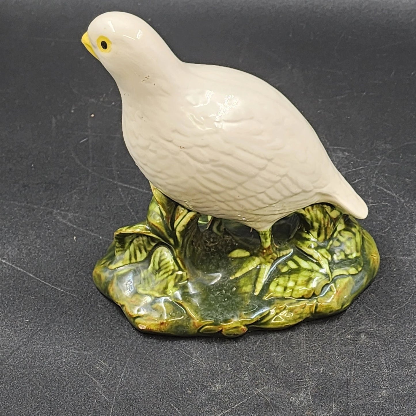 Ceramic Bird Figurine White Partridge on Green Foliage by Cort's Ceramics 7.5"h