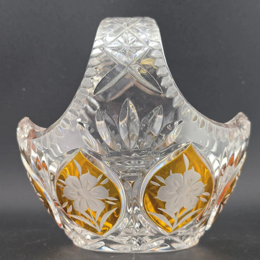 Cut Crystal Basket Amber Cut to Clear Etched Floral Handled 6" Vintage