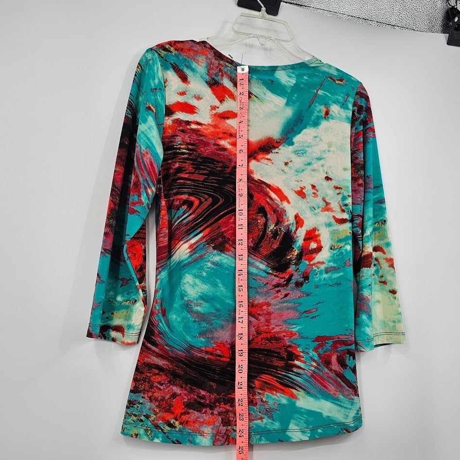 Y2K Mesmerize Retro Blouse Women’s L Multicolor Funky Print V-Neck Festival Top