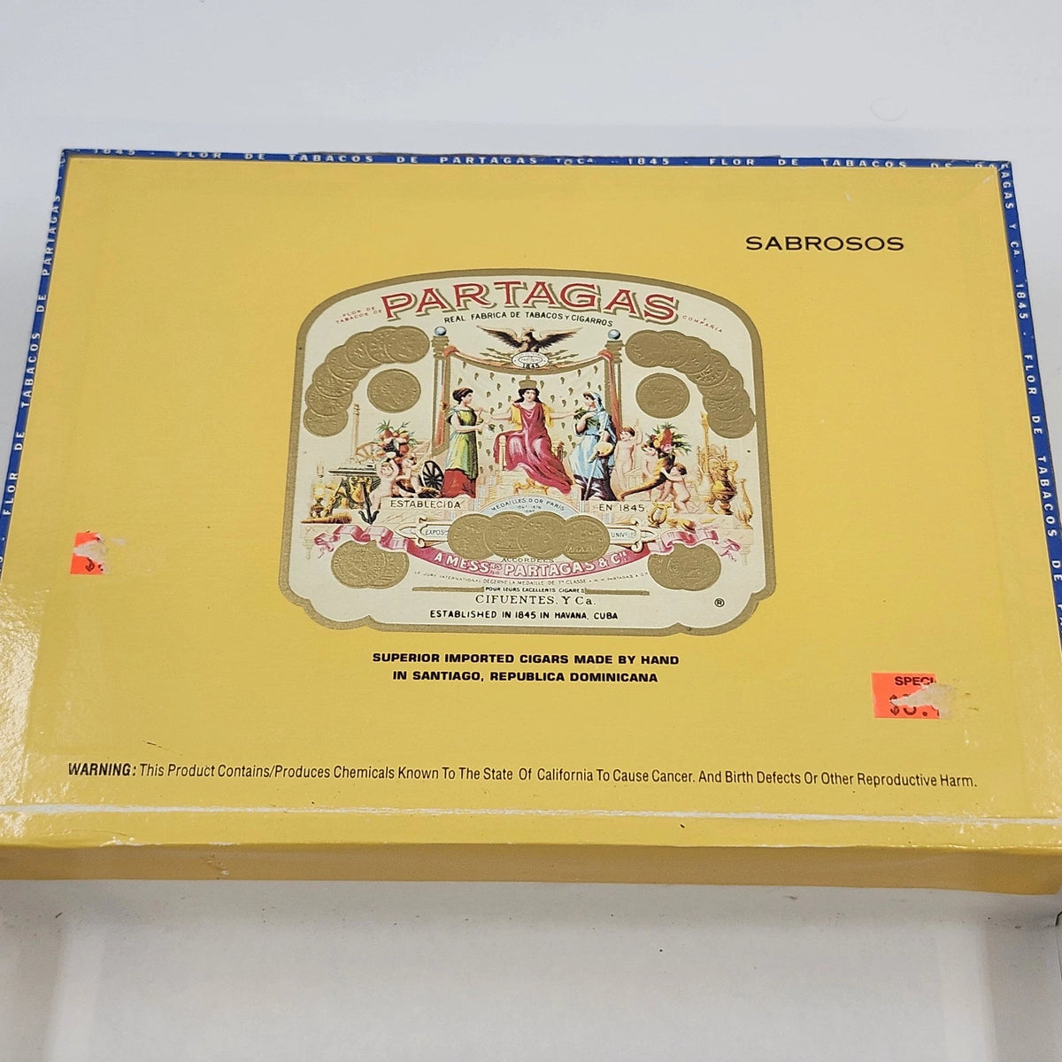 Partagas Flor de Tabacos 1845 Sabrosos 20 Empty Wooden Cigar Box Vintage