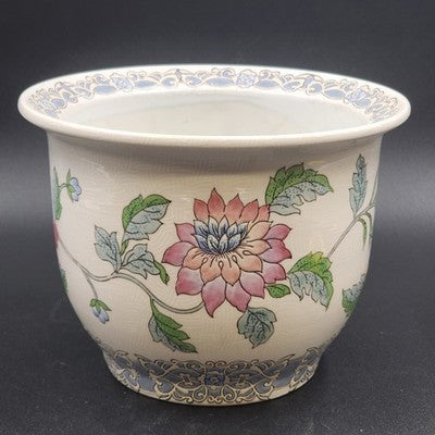 Large Chinoiserie Planter Macau Hand Painted Pink Blue Floral Porcelain 9.25"x7"
