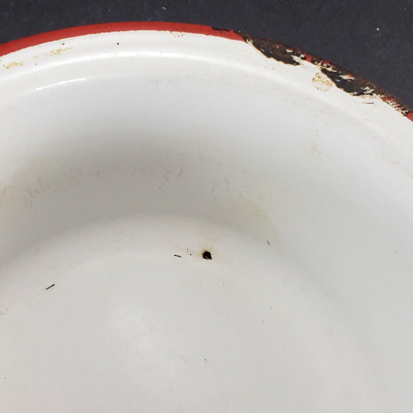 Depression Era Enamelware 7¼" x 2½" Metal Pan White Red Trim Round Bruised Areas