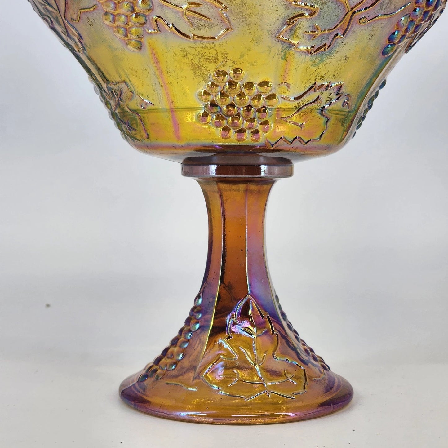 Indiana Glass Harvest Grape Compote Marigold Carnival Pedestal Bowl 8.5" Vintage