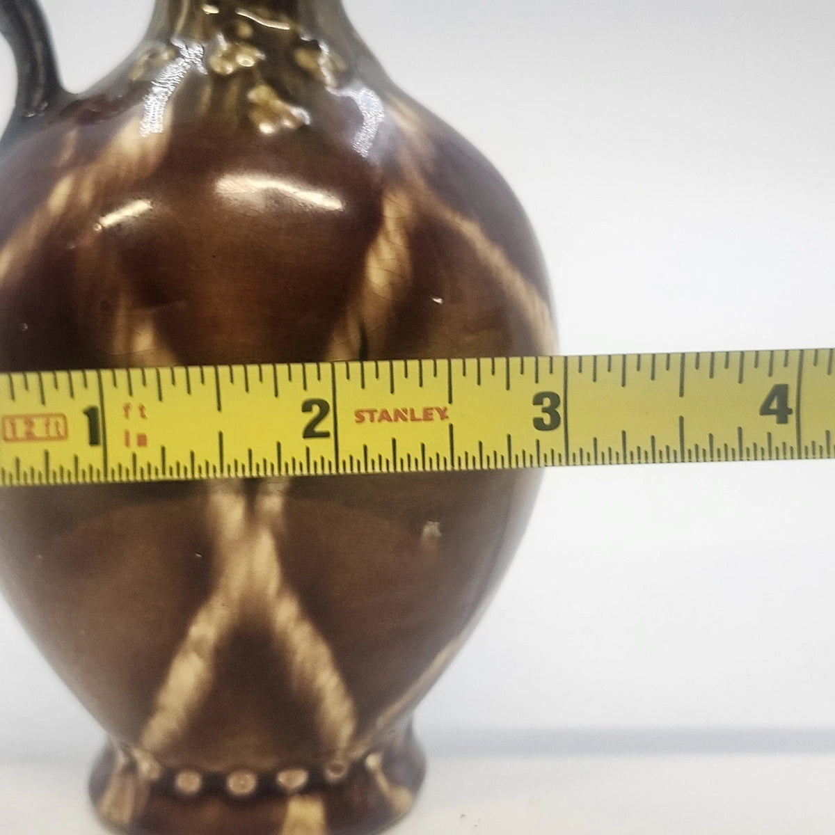 Pottery Pitcher 5" Brown Drip Glaze Hand Applied Floral Art Signed G. Wyand Vtg