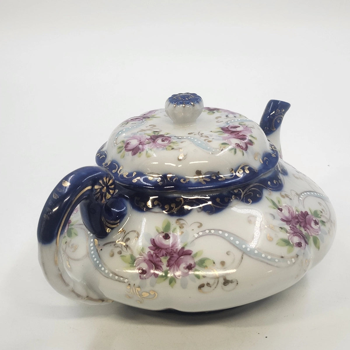 Hand Painted Porcelain Teapot 7.5"Pink Roses Cobalt Blue Gold Accents w Lid Vtg