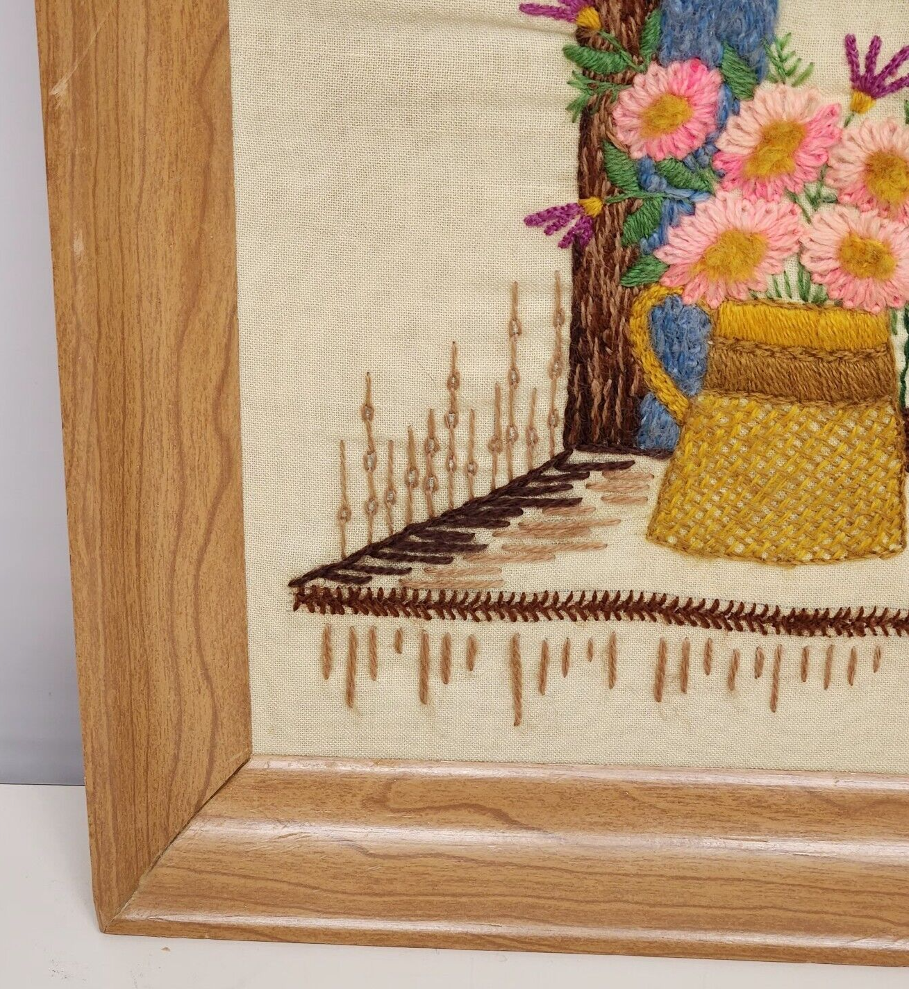 1970s Crewel Thur The Window Finished Framed Needlepoint Picture Vintage Yarn