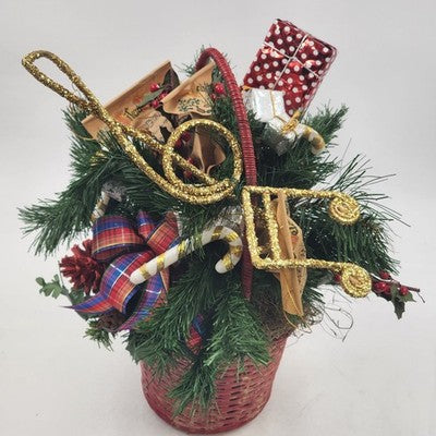 Pine Basket Christmas Centerpiece 15" Pinecone Greenery w Gifts & Music Symbols