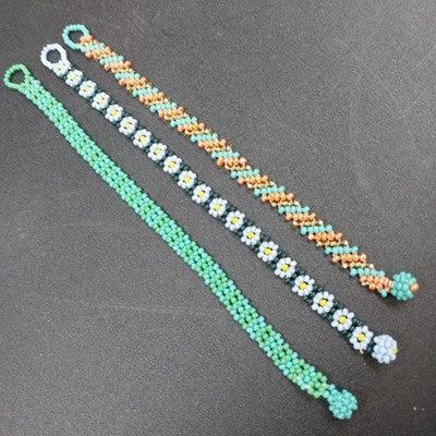 Lot of 3 Seed Beaded Bracelets Daisy Floral Turquoise & Multicolor Pattern 7 in