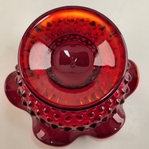 Fenton Old Virginia Glass Bowl Ruby Red Hobnail Footed Ruffled Edge Vintage 6"