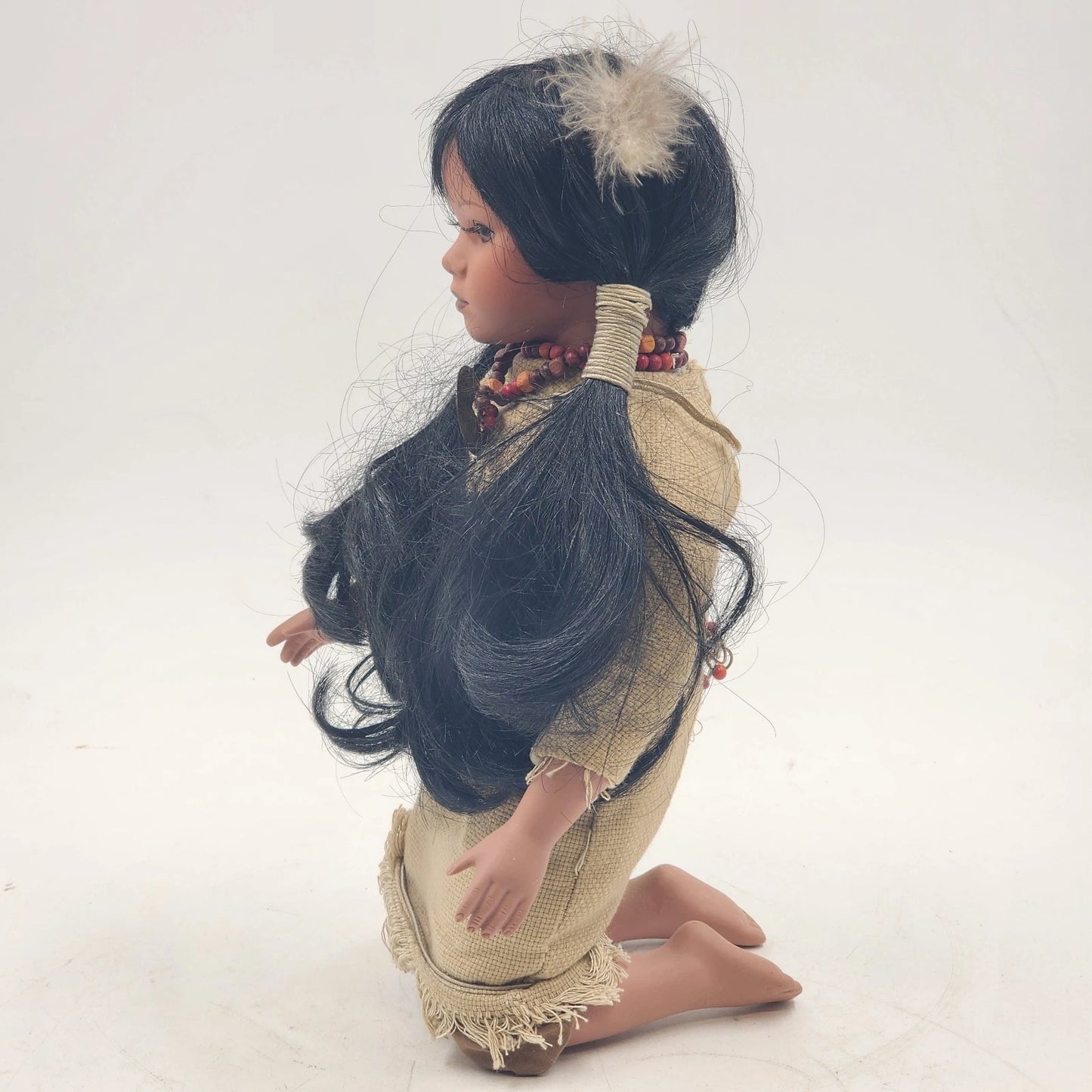 Native American Porcelain Doll Indigenous Girl Kneeling Traditional Dress 12"