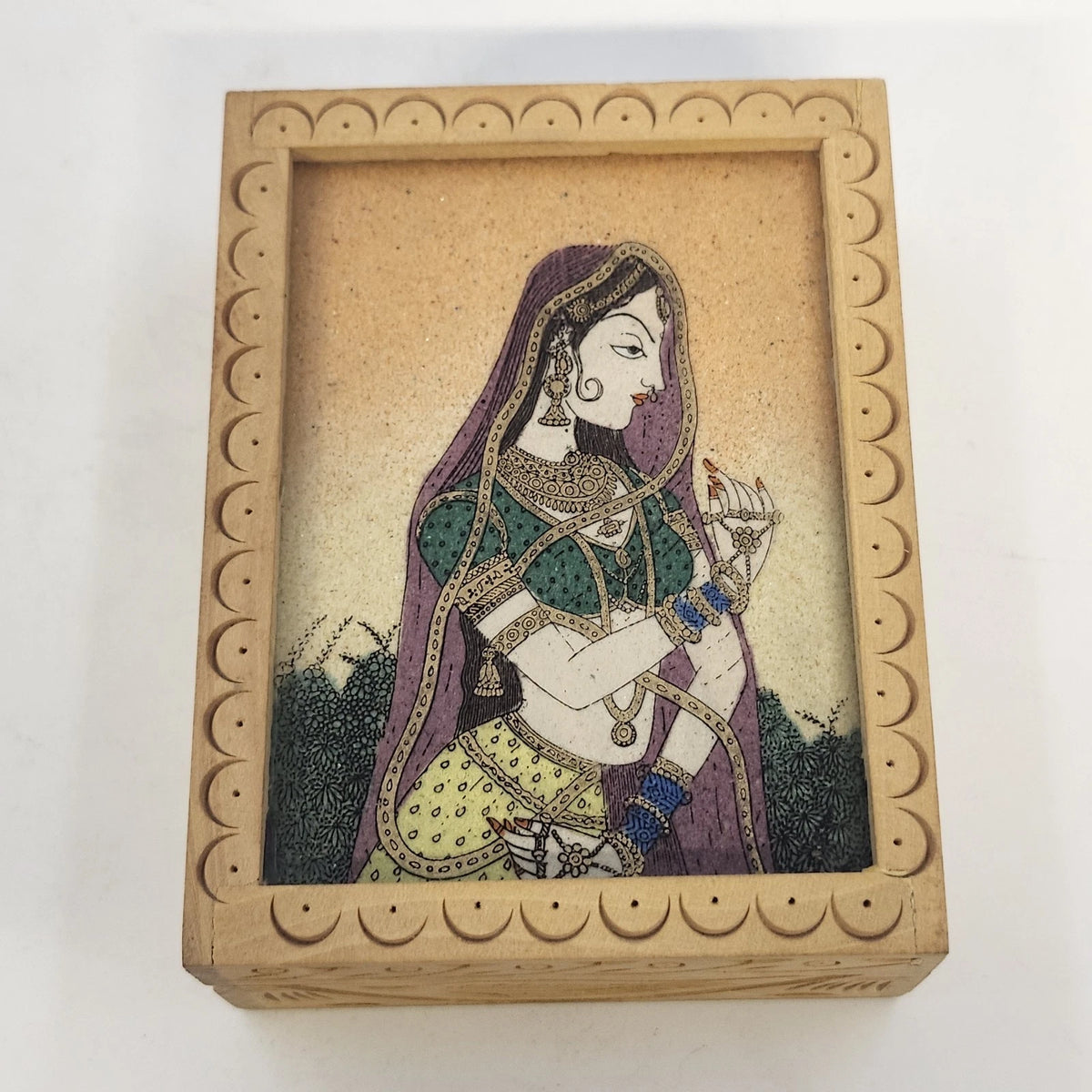 Gemstone Dust Powder Painting Wood Trinket Jewelry Box 4.5" Bani Thani India Vtg