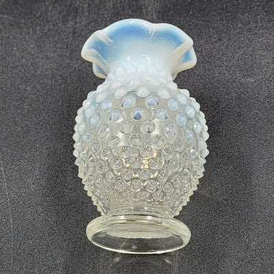 Fenton Moonstone Hobnail Clear White Opalescent Bud Vase 3.75" Ruffle Edge Vtg