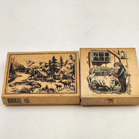 2 Wood Mounted Rubber Stamps Mountain Landscape & Barnyard Sheep Scene USA