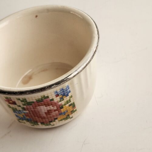 Hotoven Harker Pottery Cooking Ware 2" Cup Cross Stitch Pattern w Silver Rim