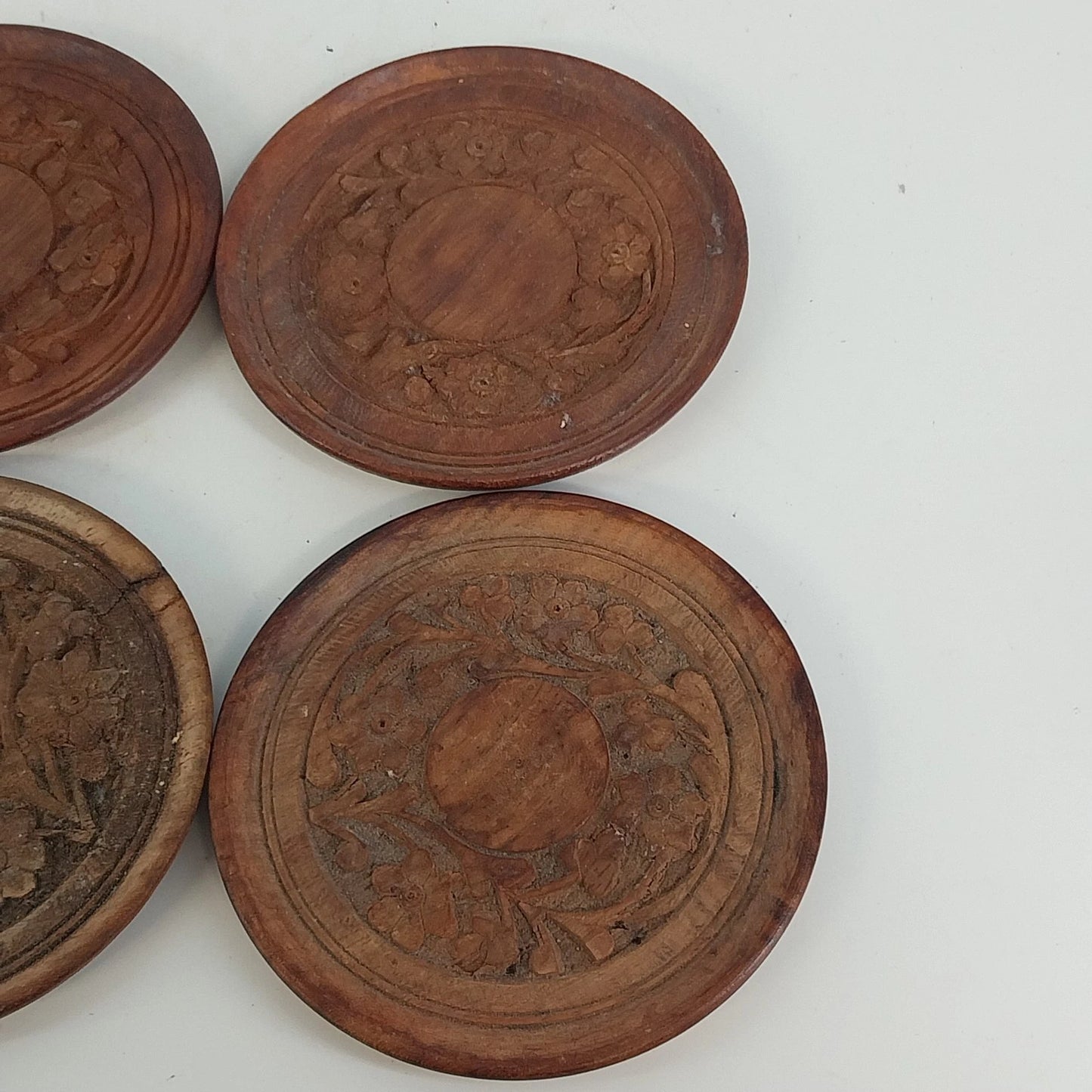Indian Carved Natural Wooden Coasters Set 6 Floral Rustic Drink Disc 4" Vintage