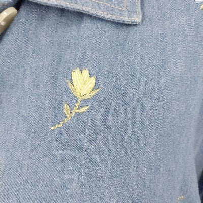 Koret City Blues Denim Shirt Jacket L Floral Embroidered Long Sleeve Women's