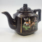 Japan Brown Ceramic Teapot Hand Painted Asian Landscape Gold Trim 6"h Lid Handle