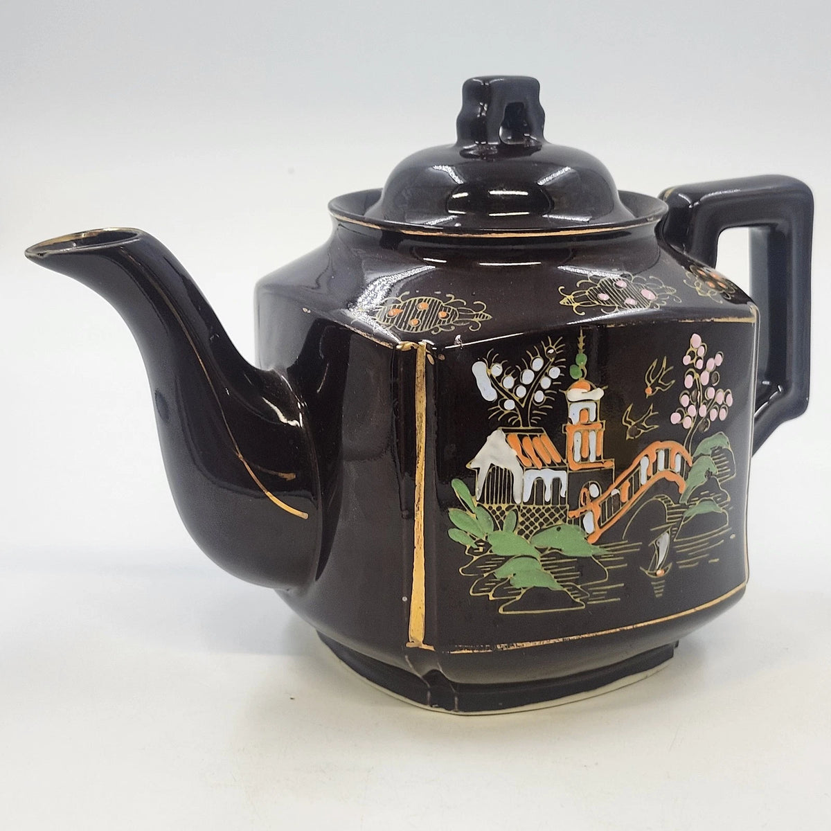 Japan Brown Ceramic Teapot Hand Painted Asian Landscape Gold Trim 6"h Lid Handle