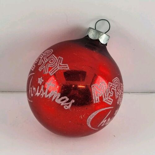 Shiny Brite Mercury Glass Ornament Red CHRISTMAS GREETINGS & Bell Printed USA