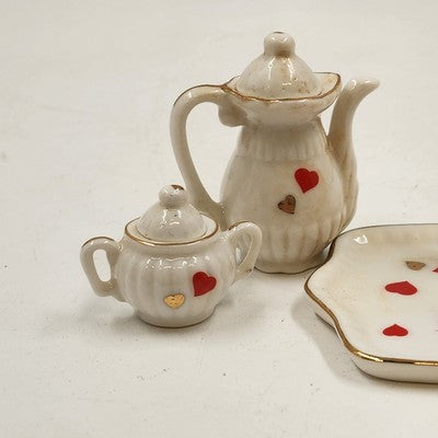 10pcs Miniature Tea Set White Red Heart Chintz Decal Gold Trim 4.5"x3" Taiwan