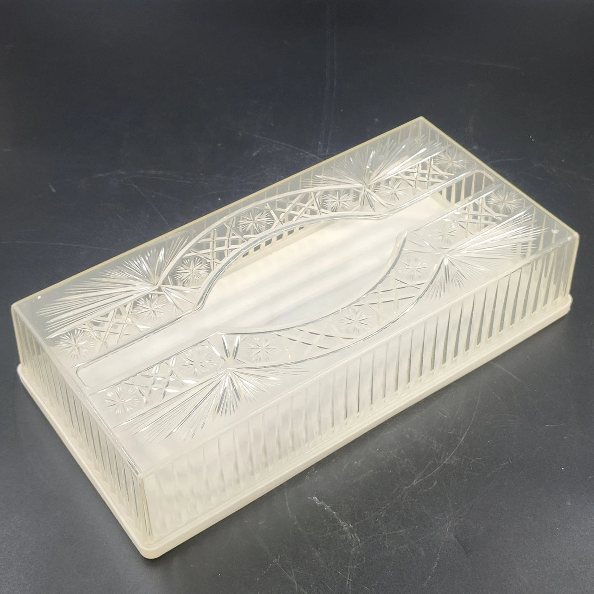 Clear Acrylic Lucite Tissue Box Cover Starburst Diamond 10.5" White Base MCM Vtg