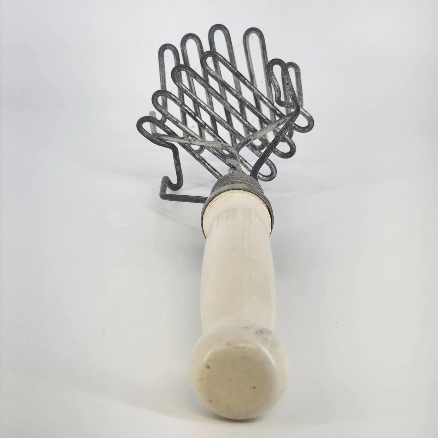 Double Wire Potato Masher White Wood Handle Farmhouse Kitchen Tool 11.5" Vintage