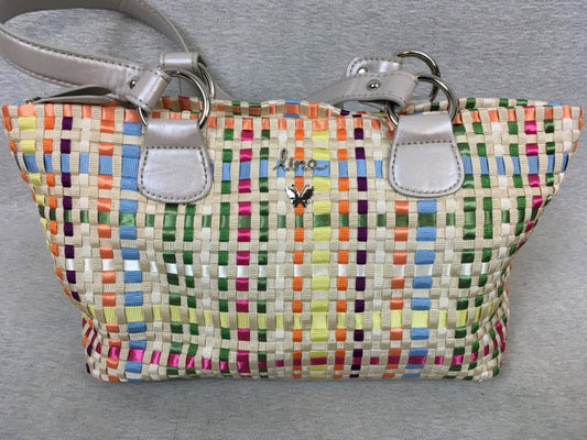 Lina Ribbon Weave Woven Silver Handbag Purse Zipper Zip Top Bag Boho Multicolor
