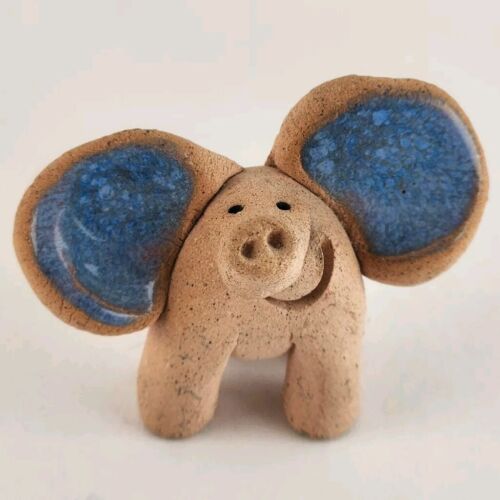 Handcrafted Clay Small Elephant Figurine Big Smile Blue Inside of Ears 1½" High