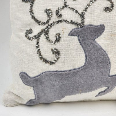 Mud Pie Pillow 13" Sq w Gray Beaded Bling Scrollwork Accent Christmas Reindeer