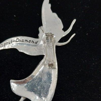 Metal Pewter Angel Brooch Pendant April Birthstone Diamond Crystal 3"Pin Vintage