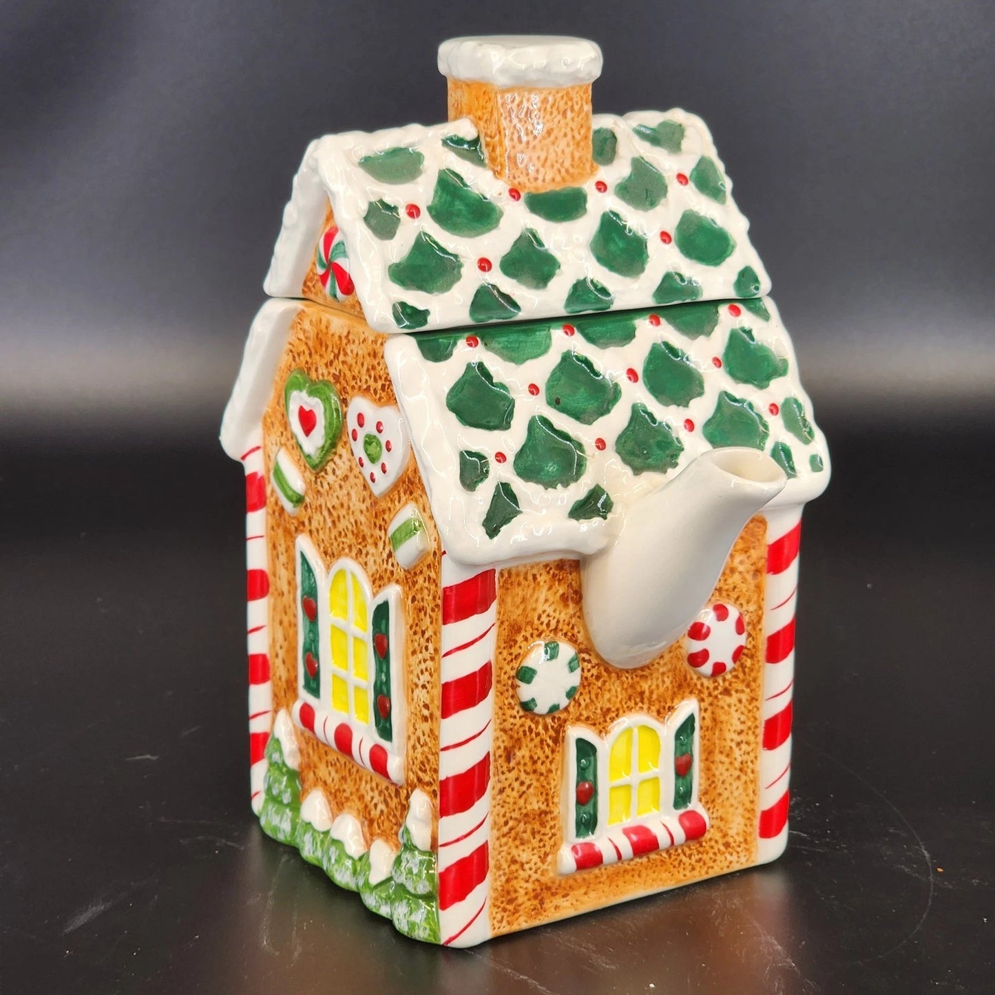 Potpourri Designs Gingerbread House Teapot Hand Painted Candy Cane 8" Holiday