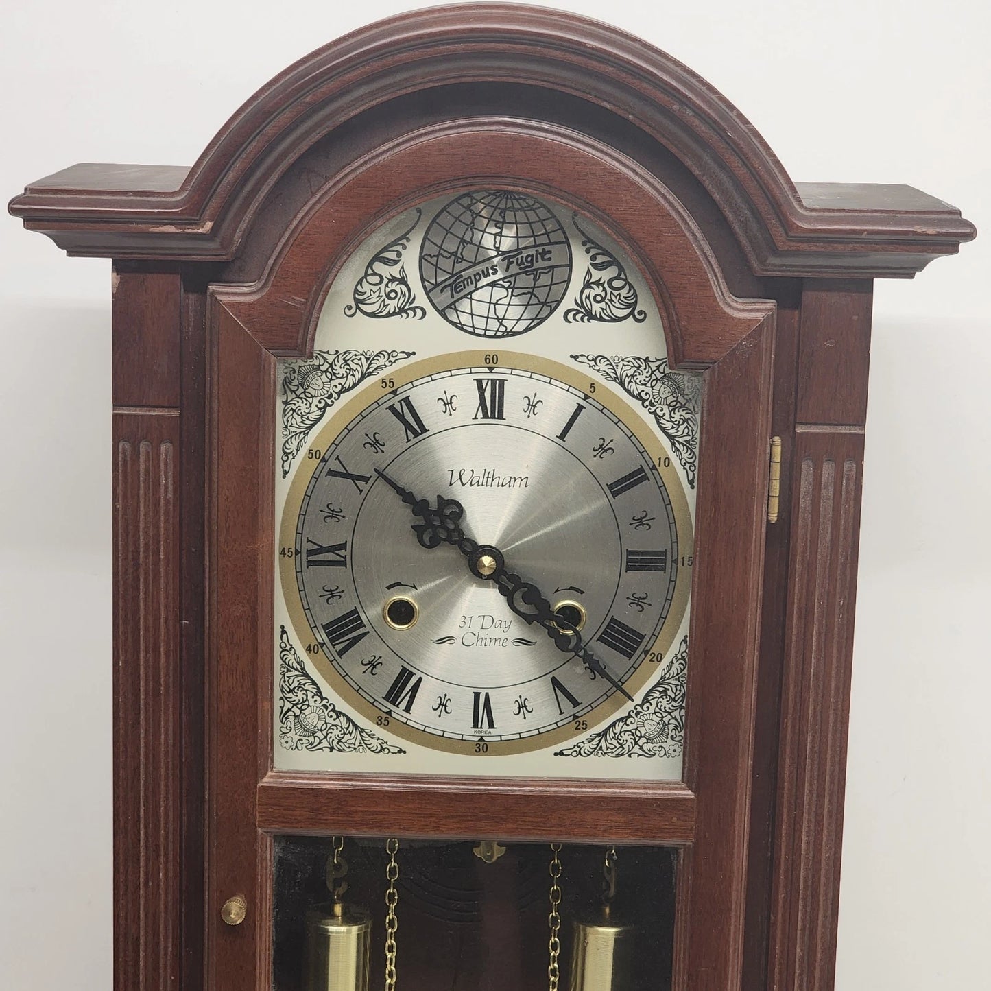 Waltham Tempus Fugit 31 Day Wall Clock Key Wind Pendulum Chime Wood 27.5" Vtg