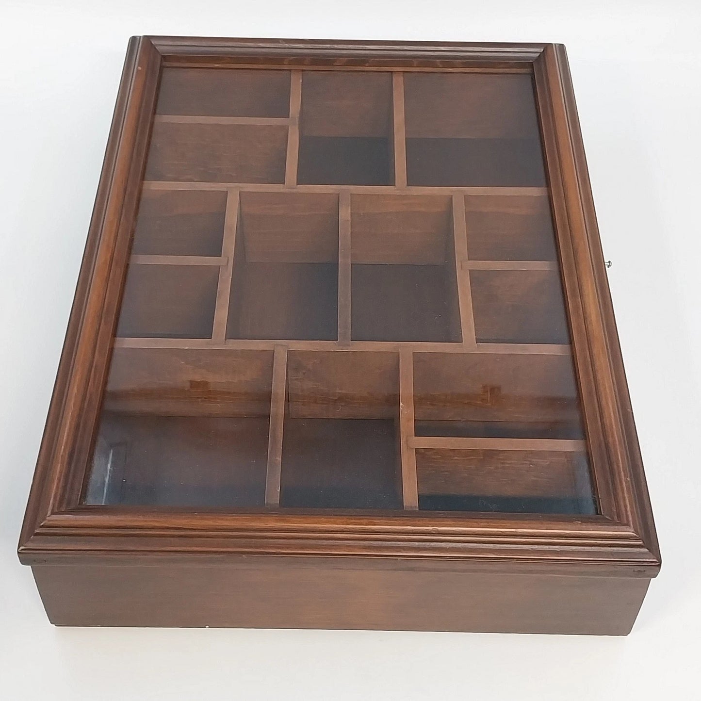Wood Shadow Box Display Case Glass Door 14 Cubbies Wall Mount 16" Vintage