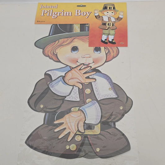 Beistle Pilgrim Boy Jointed Die Cut Cardboard 25" Thanksgiving Decor 1986 Vtg