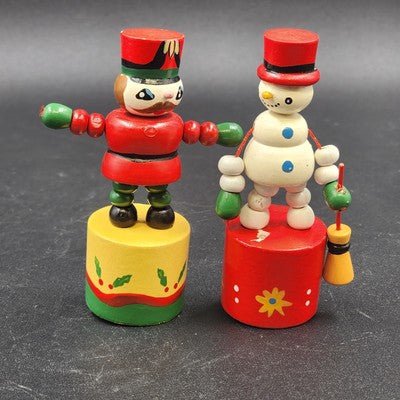 Set of 2 Vintage Wood Push Puppet Toys – Soldier & Snowman Ornaments 4"