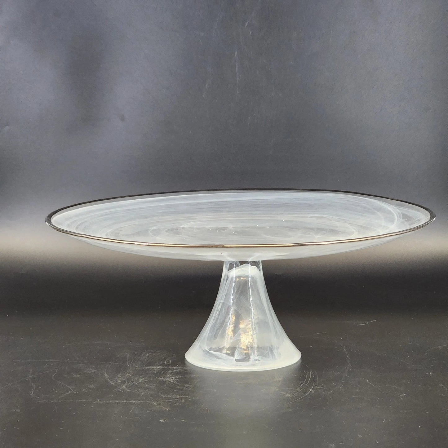 Badash White Alabaster Glass Cake Stand Swirl Silver Trim Footed 12.75" Elegant