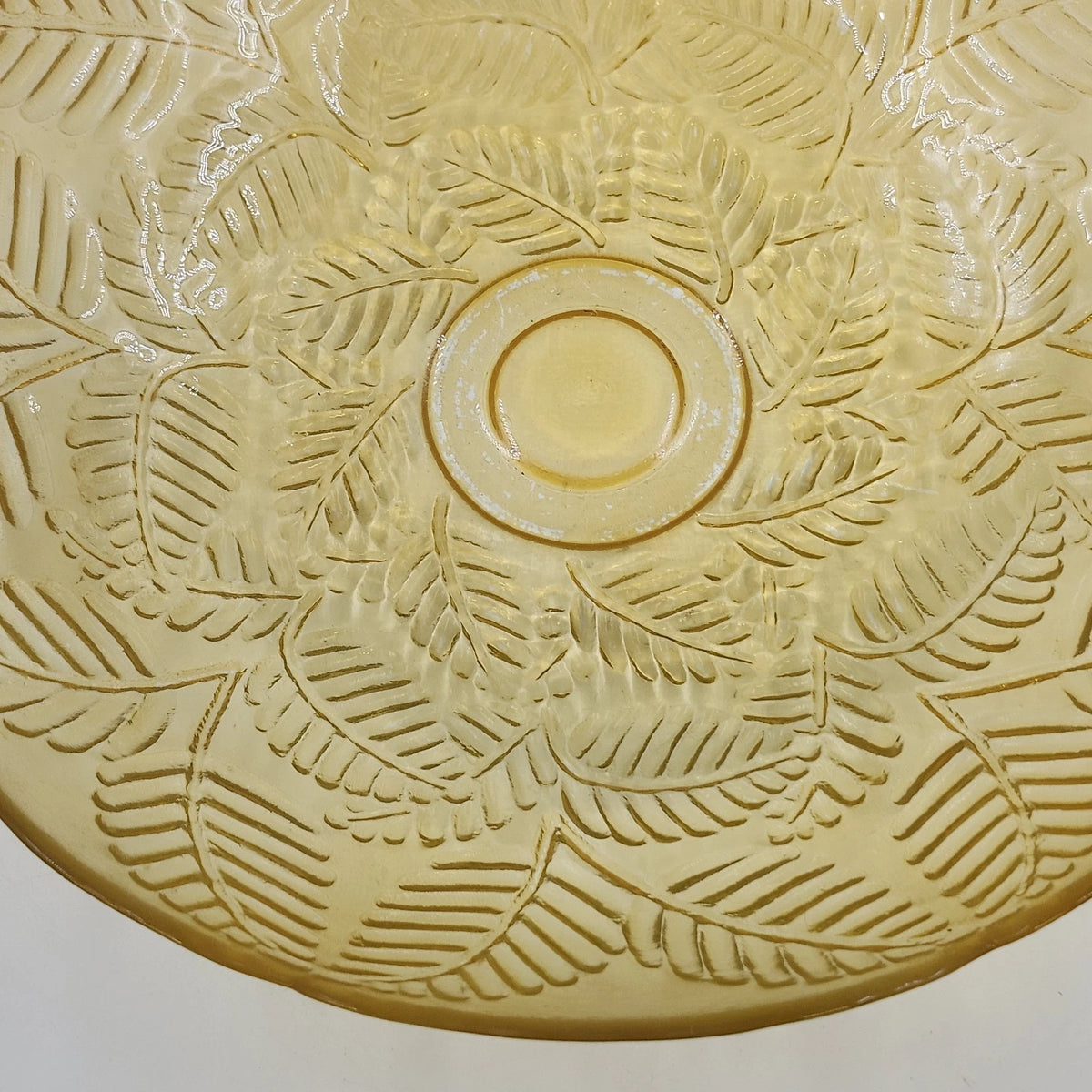 Amber Glass Serving Bowl Embossed Fern Leaf Pattern Scalloped Rim 13" Vintage