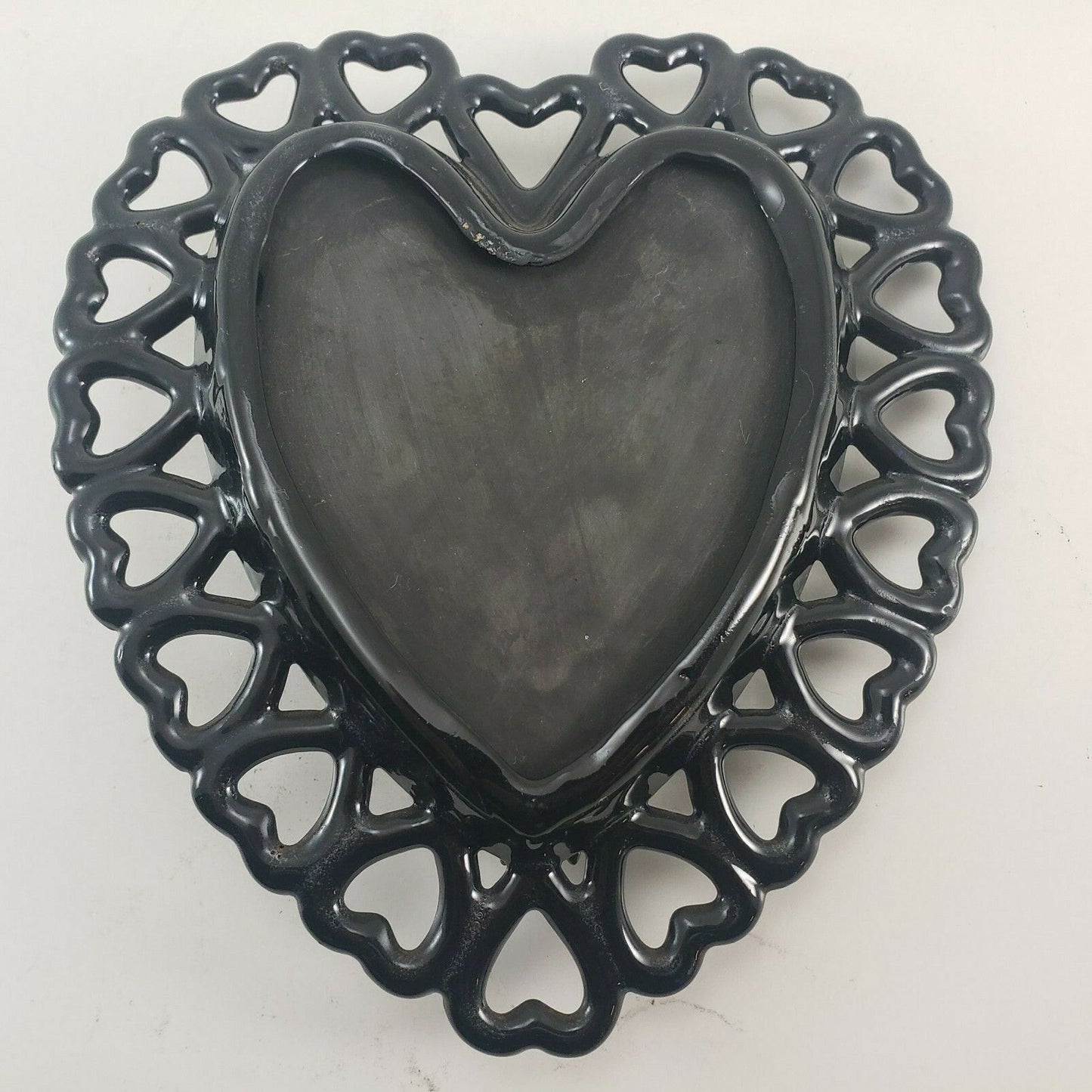 Westmoreland Black Glass Open Lace Heart with Glass Yellow Rose Decor 6¾" x 7¼"