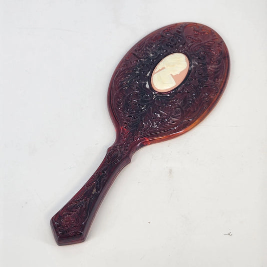 Avon Lucite Handheld Vanity Mirror Cameo Hollywood Regency 9.5" Tortoise Shell
