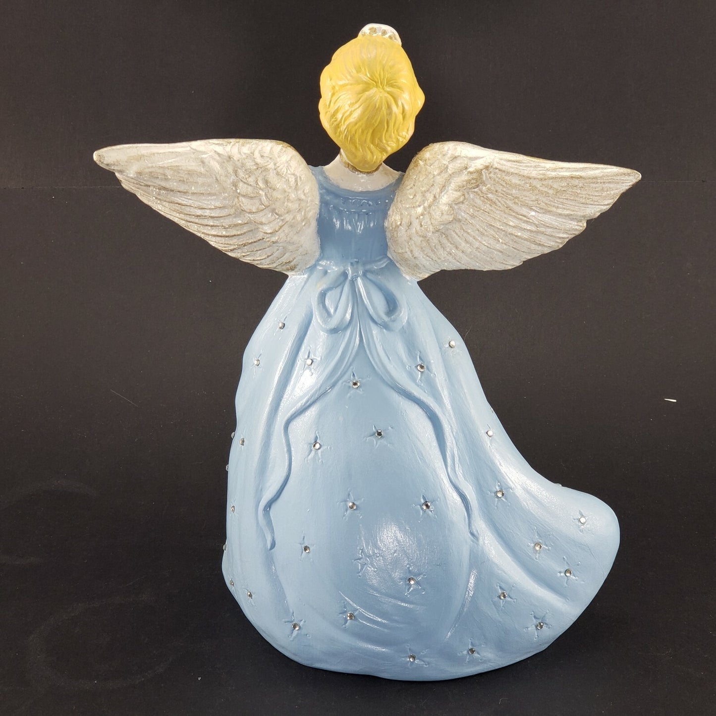 Ceramic Angel Figurine 10"H Blue Dress Rhinestones Glitter Wings Vintage