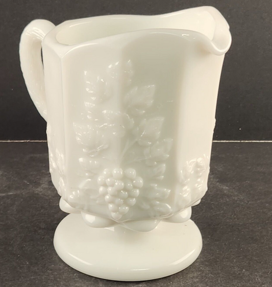 Westmoreland 5” Footed Milk Glass Pitcher Paneled Grape & Vine Pattern Vintage