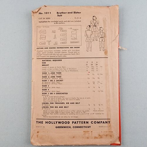Hollywood 1011 Vintage Sewing Pattern 1940s Toddler Brother Sister Suit Size 2-6
