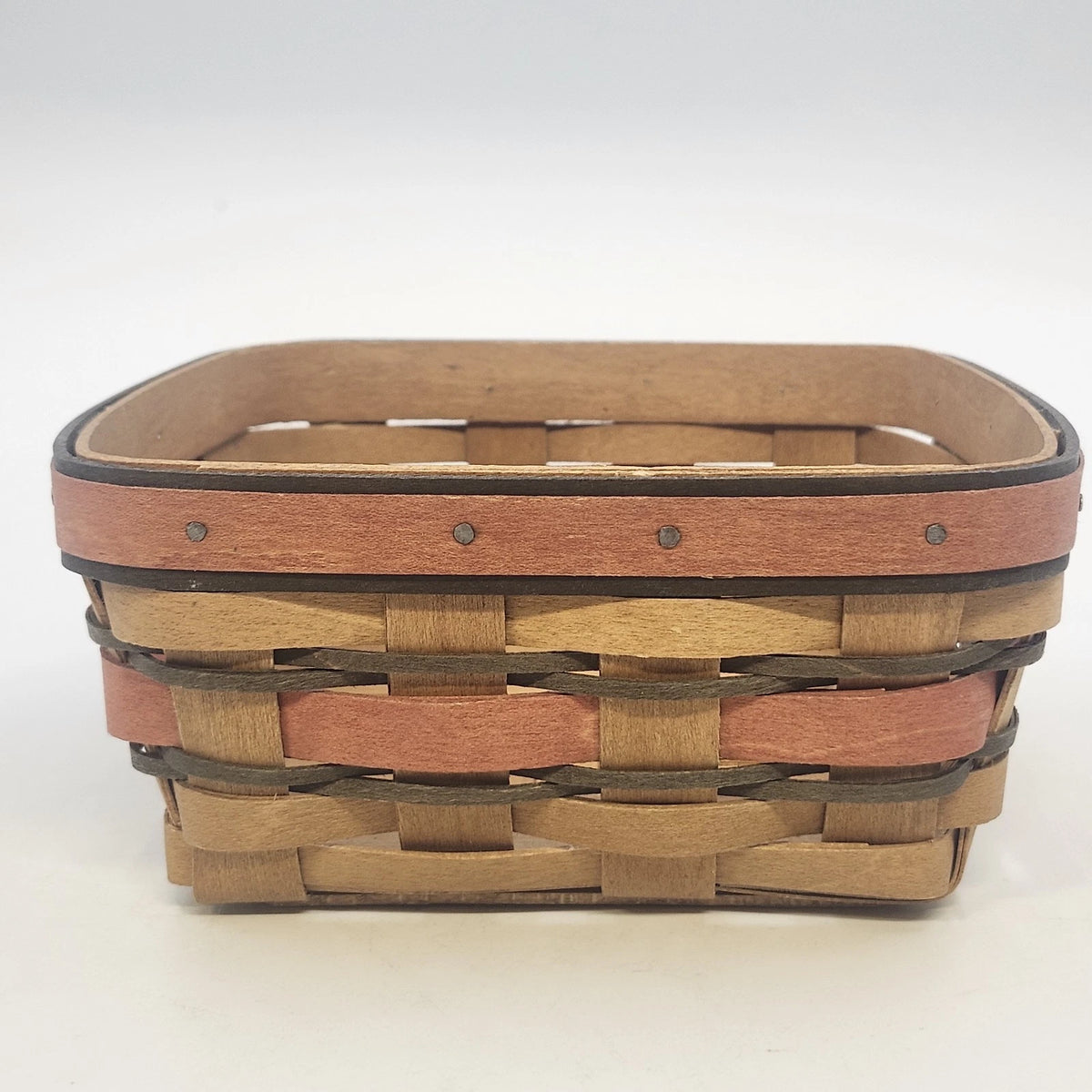 Longaberger Handwoven Natural Wood Basket Red Accent 6.75" Sq Dresden OH 2009