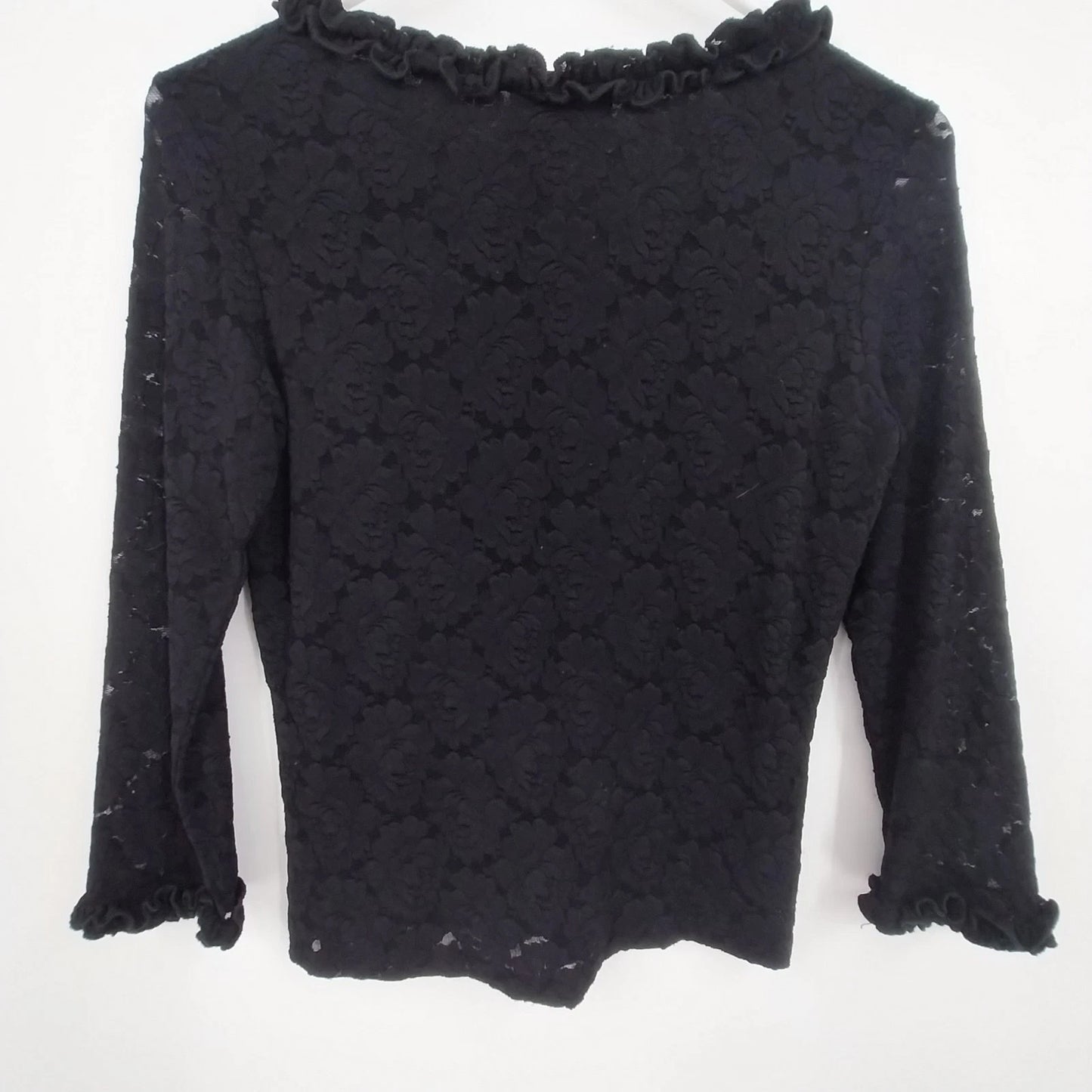 CDW Black Floral Rose Top Women Medium Lace Ruffle Neck Cuffs Long Sleeve USA