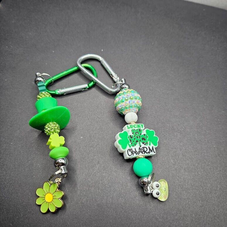2 Key Ring Bag Charm St Patty Patrick Day Green Hat Lucky Handmade Clip Gift